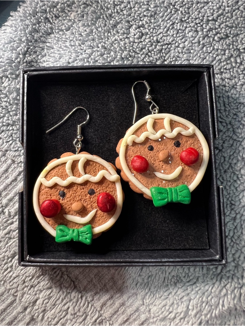 Gingerbread Cookie Dangle Earrings with Green Bow